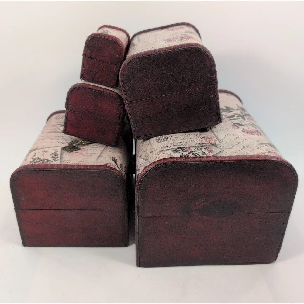 Set of 5 Wooden Box Trinket Chest Script Letter Pattern Peony Design Jewelry